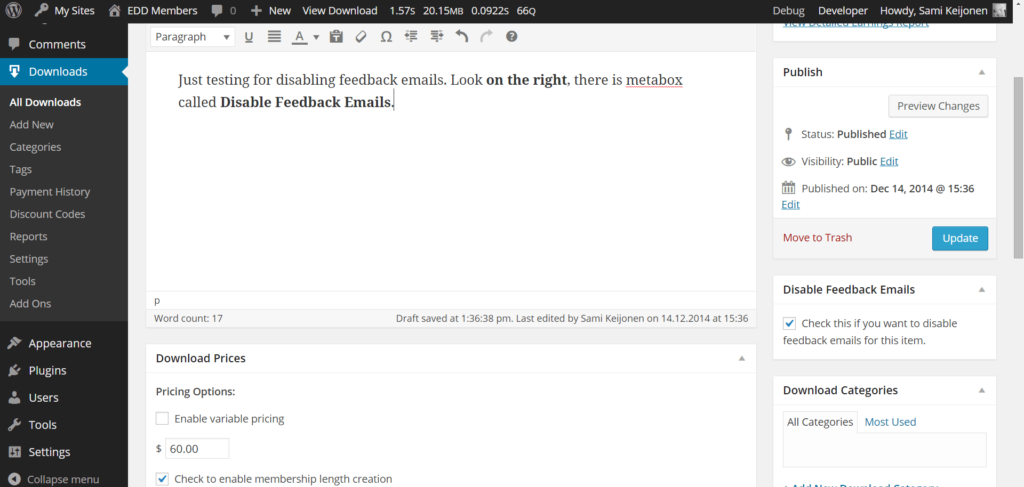 Disable feedback emails metabox